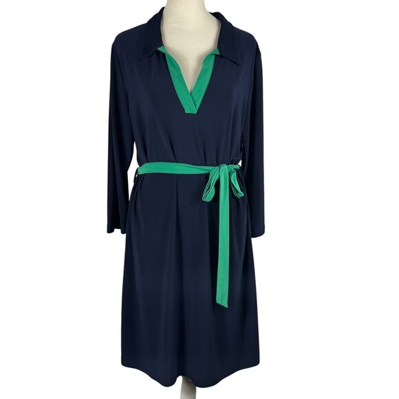 Birdie James Authentic Chic Navy Blue & Green Trim Wrinkle-Free Dress Size Med - Picture 1 of 7